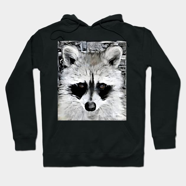 Raccoon Black and White Spray Paint Wall Hoodie by Nuletto